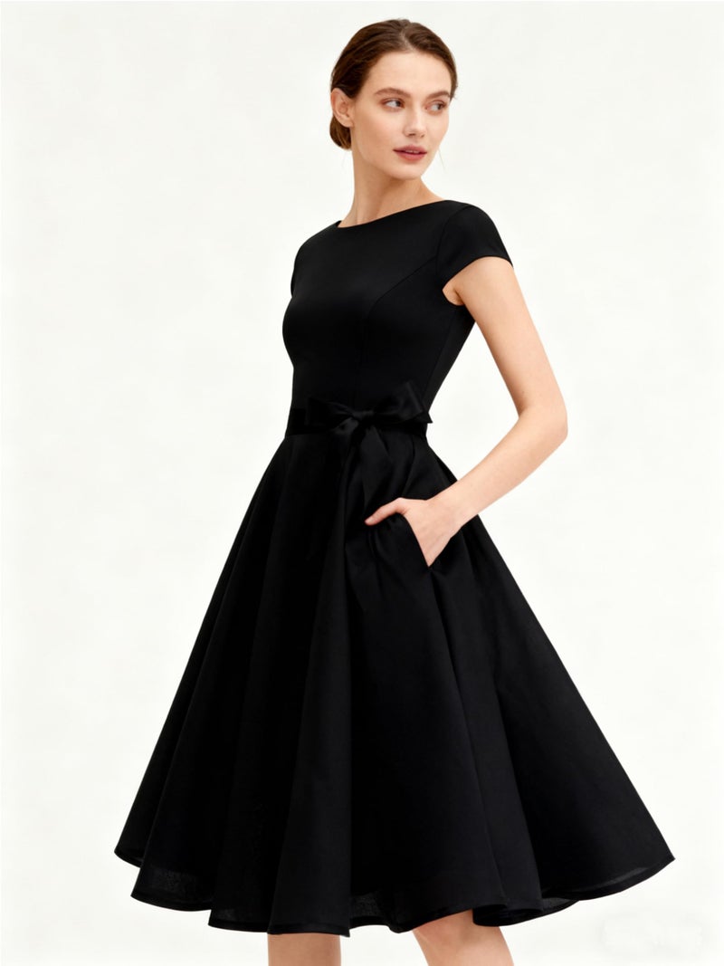 PUKAVT Women's 1950 Boatneck Cap Sleeve Vintage Swing Cocktail Party Dress with Pockets Black S - Image 4